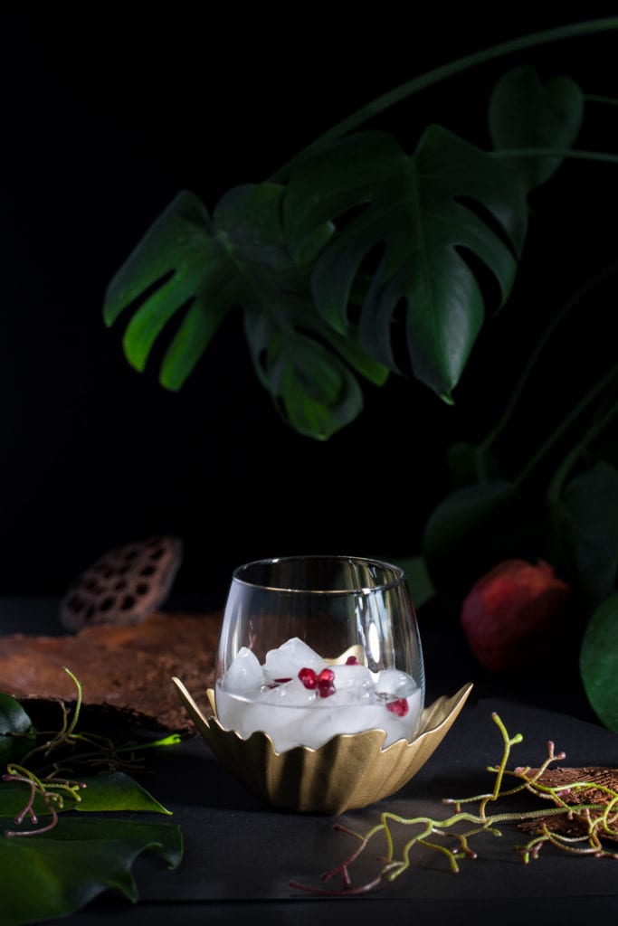 orzeźwiający drink z granatem w kompozycji z monsterą dziurawą mroczna sesja produktowa